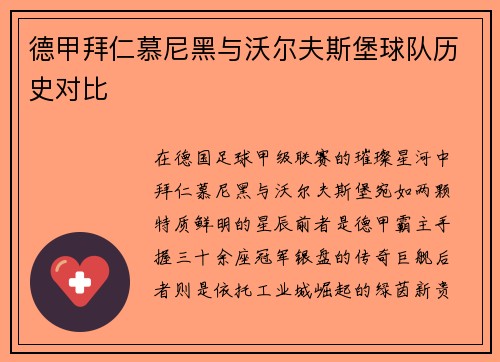 德甲拜仁慕尼黑与沃尔夫斯堡球队历史对比